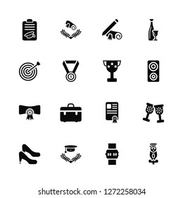 Vector Illustration Of 16 Icons. Editable Pack Calendar, Ring, Graduation cap, High heels, Champagne, Owl, Target, Diploma, Trophy