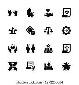 Vector Illustration Of 16 Icons. Editable Pack Hands, Knowledge, Paper, Law, Star, Arrows, Heart, Balance