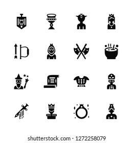 Vector Illustration Of 16 Icons. Editable Pack Standard, Ring, King, Sword, Knight, Queen, Bow and arrow, Wizard, Axe