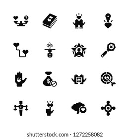 Vector Illustration Of 16 Icons. Editable Pack Heart, Brain, Love, Balance, Aim, Puzzle, Connect, Hand, Profile