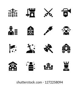 Vector Illustration Of 16 Icons. Editable Pack Crossbow, Palace, Potion, Gingerbread house, Cinderella carriage, Joker, Leprechaun, Flag, Torch