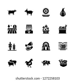 Vector Illustration Of 16 Icons. Editable Pack Cow, Pig, Chicken, Sheep, Hay Roll, Vegetables, Farm, Wheat, Flowers