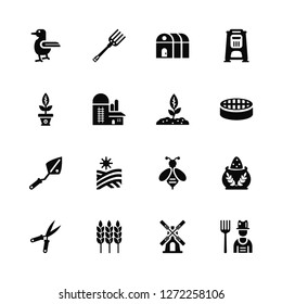 Vector Illustration Of 16 Icons. Editable Pack Duck, Wind Mill, Wheat, Shears, Sack, Farmer, Plant, Trowel, Growing Plant