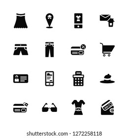 Vector Illustration Of 16 Icons. Editable Pack Skirt, Dress, Eyeglasses, Cit card, Hat, Wallet, Shorts, Id Payment method