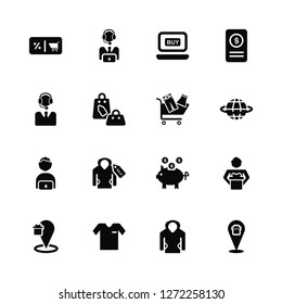 Vector Illustration Of 16 Icons. Editable Pack Voucher, Hoodie, Shirt, Placeholder, Delivery man, Support, Customer, Shopping bag