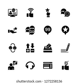 Vector Illustration Of 16 Icons. Editable Pack Testimonial, Review, Headset, Feedback, Satisfied, Favorite, Quote