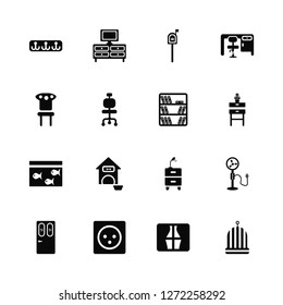 Vector Illustration Of 16 Icons. Editable Pack Hanger, Curtains, Socket, Door, Fan, Bird cage, Chair, Fish bowl, Bookshelf