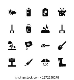 Vector Illustration Of 16 Icons. Editable Pack Cloudy, Raining, Carrot, Garden, Shovel, Boot, Fork, Growth, Sprout