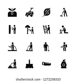 Vector Illustration Of 16 Icons. Editable Pack Sprout, Saw, Rak, Gardener, Spraying, Sprayer, Hammering, Hose, Ladder