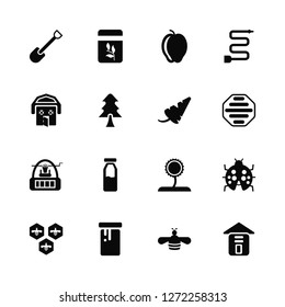 Vector Illustration Of 16 Icons. Editable Pack Shovel, Bee, Honey, Honeycomb, Ladybug, Warehouse, Barn, Well, Carrot