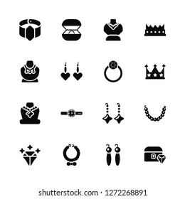 Vector Illustration Of 16 Icons. Editable Pack Bracelet, Earrings, Diamond, Pearl necklace, Chest, Necklace, Ring