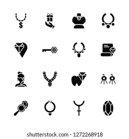 Vector Illustration Of 16 Icons. Editable Pack Dollar, Jewelry, Pearl necklace, Magnifying glass, Earrings, Diamond, Placeholder, Girl, Necklace