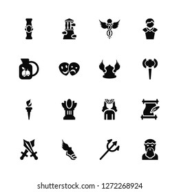 Vector Illustration Of 16 Icons. Editable Pack Column, Poseidon, Hermes, Swords, Literature, Plato, Olive oil, Torch, Hermes