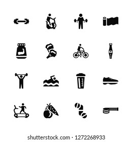 Vector Illustration Of 16 Icons. Editable Pack Little Dumbbell, Pill and Tablet, Carrot Apple, Running Treadmill, Sport Shoe, Measuring Tape, Phytonutrients, Lifting Barbell, Riding Bicycle