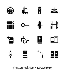Vector Illustration Of 16 Icons. Editable Pack Big Stopwatch, Jump rope, Powder, Smartwatch, Workout, Lockers, Mat, Diet, Wheel