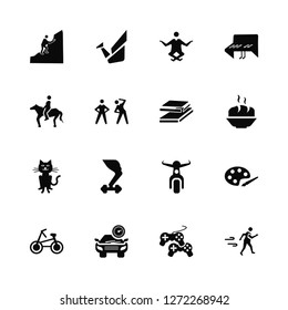 Vector Illustration Of 16 Icons. Editable Pack Climb, Joystick, Car, Bicycle, Brush, Running man, Riding, Cat, Book