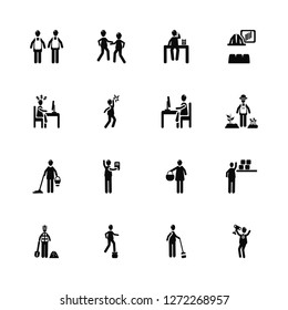 Vector Illustration Of 16 Icons. Editable Pack Cooker couple, Woman Sweeping, Proud pose, Construction worker, Storekeeper, First prize, Online Business, Cleaner, Internet on Laptop computer