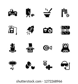 Vector Illustration Of 16 Icons. Editable Pack Joystick, Dumbbell, Egg, Kite, Backpack, Snorkel, Tablet, Cactus, Camera