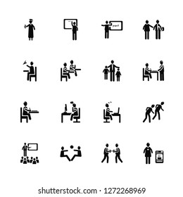 Vector Illustration Of 16 Icons. Editable Pack Graduation, Smortsmen, Playing with a Ball, Classroom, Gymnastics, Woman cooking, Student, Teacher