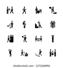 Vector Illustration Of 16 Icons. Editable Pack Give Over, Man in Hike, Hotel Supplier, Angry Man, Happy man, People Trading, Vacuum cleaning, Come In, Miner