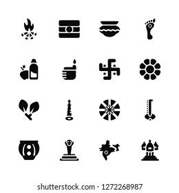 Vector Illustration Of 16 Icons. Editable Pack Bonfire, India, Cobra, Kalasha, Sitar, Temple, Diet, Bael tree, Swastica