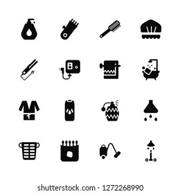 Vector Illustration Of 16 Icons. Editable Pack Soap, Vacuum, Cotton, Laundry basket, Shower, Hairdryer, Bathrobe, Towel