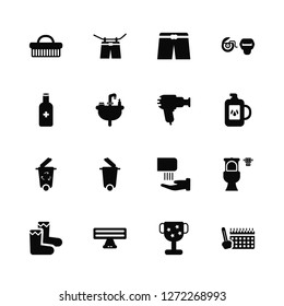 Vector Illustration Of 16 Icons. Editable Pack Brush, Cup, Floss, Socks, Wc, Schedule, Antiseptic, Throw, Hairdryer