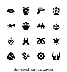 Vector Illustration Of 16 Icons. Editable Pack Bread, Rangoli, Flower, Samosa, Marijuana, Hand, Trumpet, Fireworks, Hut