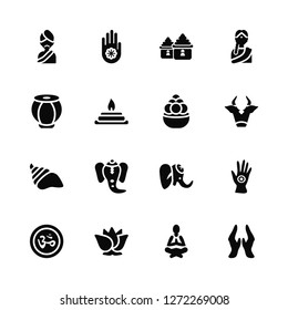 Vector Illustration Of 16 Icons. Editable Pack Hindu, Meditation, Lotus, Om, Henna painted hand, Prayer, Tablas, Conch shell, Laddu