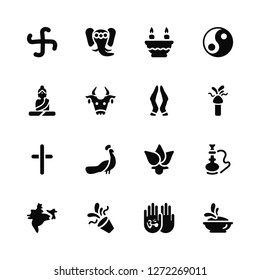 Vector Illustration Of 16 Icons. Editable Pack Swastika, Hand, Confetti, India, Hookah, Holi, Buddha, Cross, Namaste