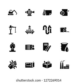 Vector Illustration Of 16 Icons. Editable Pack Excavator, Tools, Plan, Maintenance, Oil, Factory, Crane, Gauge, Pipe