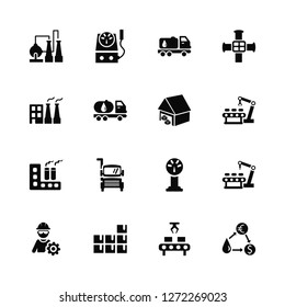 Vector Illustration Of 16 Icons. Editable Pack Refinery, Assembly line, Stock, Worker, Industrial robot, Currency, Factory, Warehouse