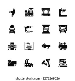 Vector Illustration Of 16 Icons. Editable Pack Pipe, Bolt, Factory, Planning, Compressor, Control panel, Tank truck, Conveyor, Switch