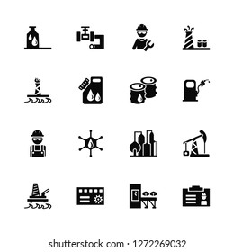 Vector Illustration Of 16 Icons. Editable Pack Oil, Conveyor, Machine, Oil platform, Pump jack, Id card, rig, Worker, 