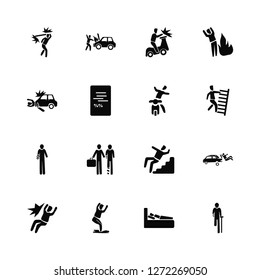 Vector Illustration Of 16 Icons. Editable Pack car Accident, Hospitalization, Fall Car Hand accident, motorcycle accident