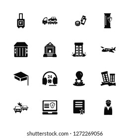 Vector Illustration Of 16 Icons. Editable Pack Baggage, License, Computer, Accident, Earthquake, Military, Container, Hat, Building