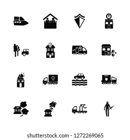 Vector Illustration Of 16 Icons. Editable Pack Ship, Tow truck, Bolt, Disaster, Transport, Terrorist, Broken, Fire, Ambulance