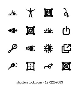 Vector Illustration Of 16 Icons. Editable Pack Brightness, Right, Time, Key, Output, Disable, Volume, Zoom in, Brightness