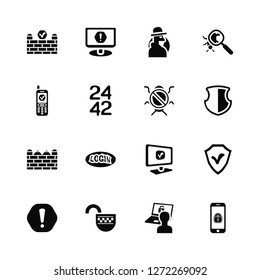 Vector Illustration Of 16 Icons. Editable Pack Firewall, Laptop, Padlock, Attention, Secure, Smartphone, Virus