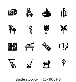 Vector Illustration Of 16 Icons. Editable Pack Block, Rocking Horse, Painting, Swing, Football, Kite, Ice Cream, Tool, Balloons