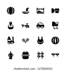 Vector Illustration Of 16 Icons. Editable Pack Ball, Pyramid, Diaper, Feeding bottle, Necklace, Pacifier, Train, Baby stroller