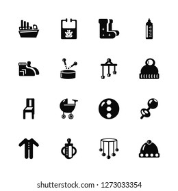 Vector Illustration Of 16 Icons. Editable Pack Boat, Baby mobile, Feeder, Body, Rattle, Winter hat, Sock, chair, mobile