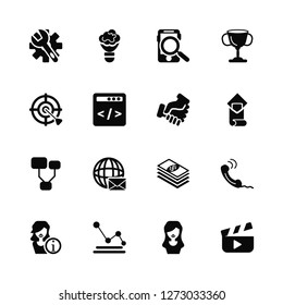 Vector Illustration Of 16 Icons. Editable Pack Configuration, Staff, Pie chart, Information, Call, Movie, Target, Diagram, Handshake