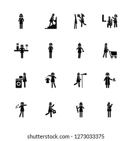 Vector Illustration Of 16 Icons. Editable Pack Hospital Nurse, Engineer Woman, Woman Going To Work, Dancing, Lawyer, Baby sitter, Florist and Laundry, Modeling
