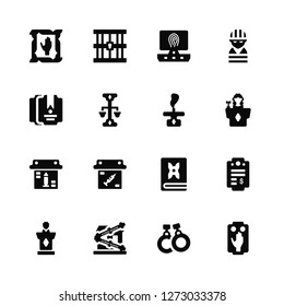 Vector Illustration Of 16 Icons. Editable Pack Hand, Handcuffs, Crime scene, Conference, Paper, Documents, Evidence, Feather pen