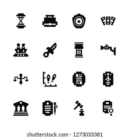 Vector Illustration Of 16 Icons. Editable Pack Sand clock, Gavel, Agreement, Courthouse, Law, Certificate, Jury, Balance, Pillar