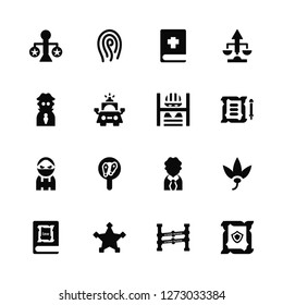 Vector Illustration Of 16 Icons. Editable Pack Justice, Police line, Sheriff, Law book, Marijuana, Defense, Detective, Thief, Prisoner