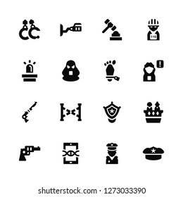 Vector Illustration Of 16 Icons. Editable Pack Handcuffs, Policeman, Dna, Revolver, Jury, Police cap, Alarm, Shotgun, Corpse