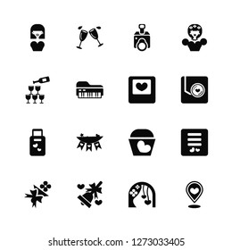 Vector Illustration Of 16 Icons. Editable Pack Happy, Wedding arch, Bell, Bouquet, Card, Location, Pyramid, Suitcase, Photo