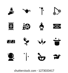 Vector Illustration Of 16 Icons. Editable Pack Fire, Mortar, Magic wand, Crystal ball, Magic, Dove, Carpet, Dices, Poison